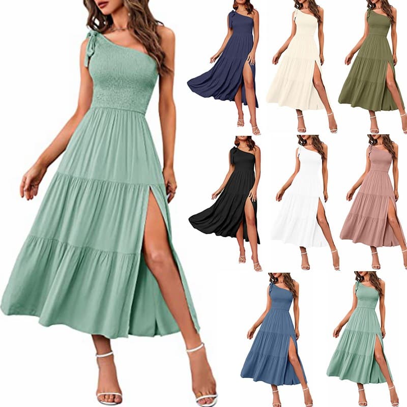 Vestido de mujer hombro descubierto con volantes y abertura