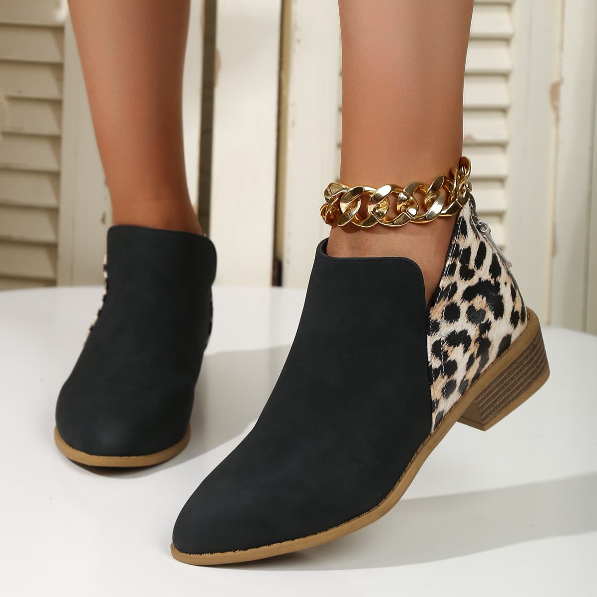 Botas Leopardo Punta Fina Tacón Grueso con Cremallera Trasera
