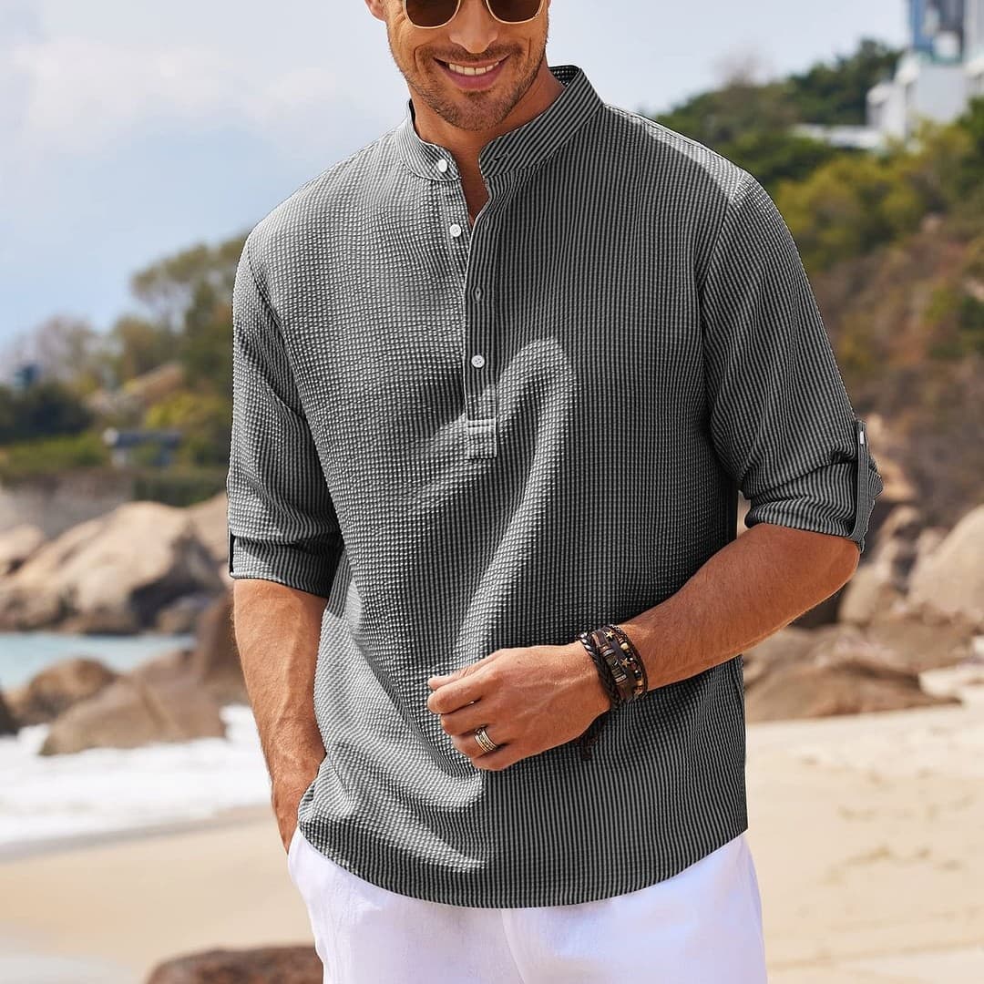 Camisa Casual Manga Larga Cuello Mao Hombre