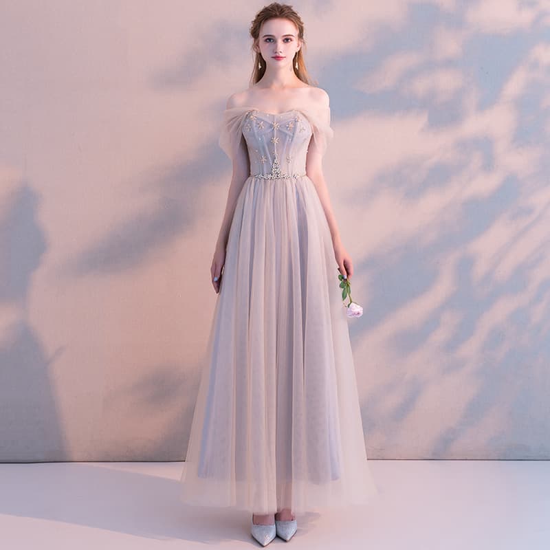 Vestido Gris de Hombro Descubierto para Dama