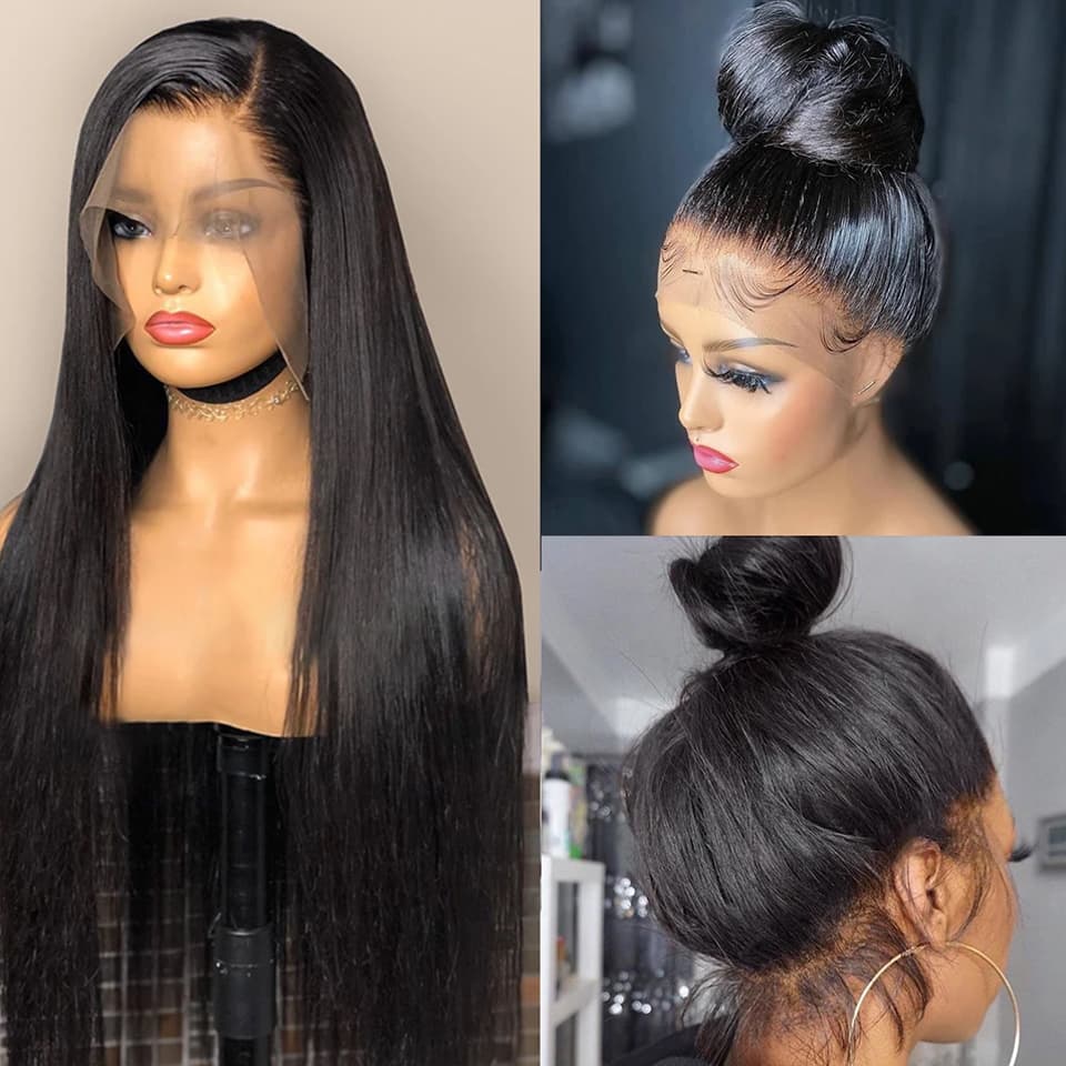 Peluca de Cabello Natural Encaje Liso Negro Largo Medio