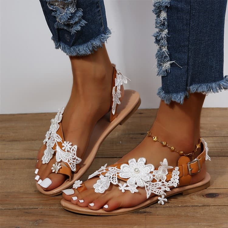 Sandalias Bohemias de Encaje con Flores y Correa al Tobillo