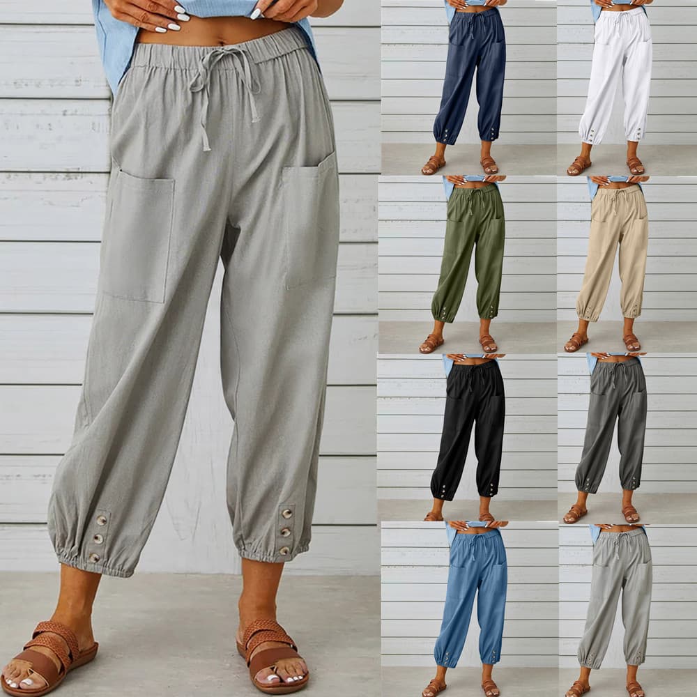 Pantalones Mujer Algodón Lino Cintura Ajustable Primavera Verano
