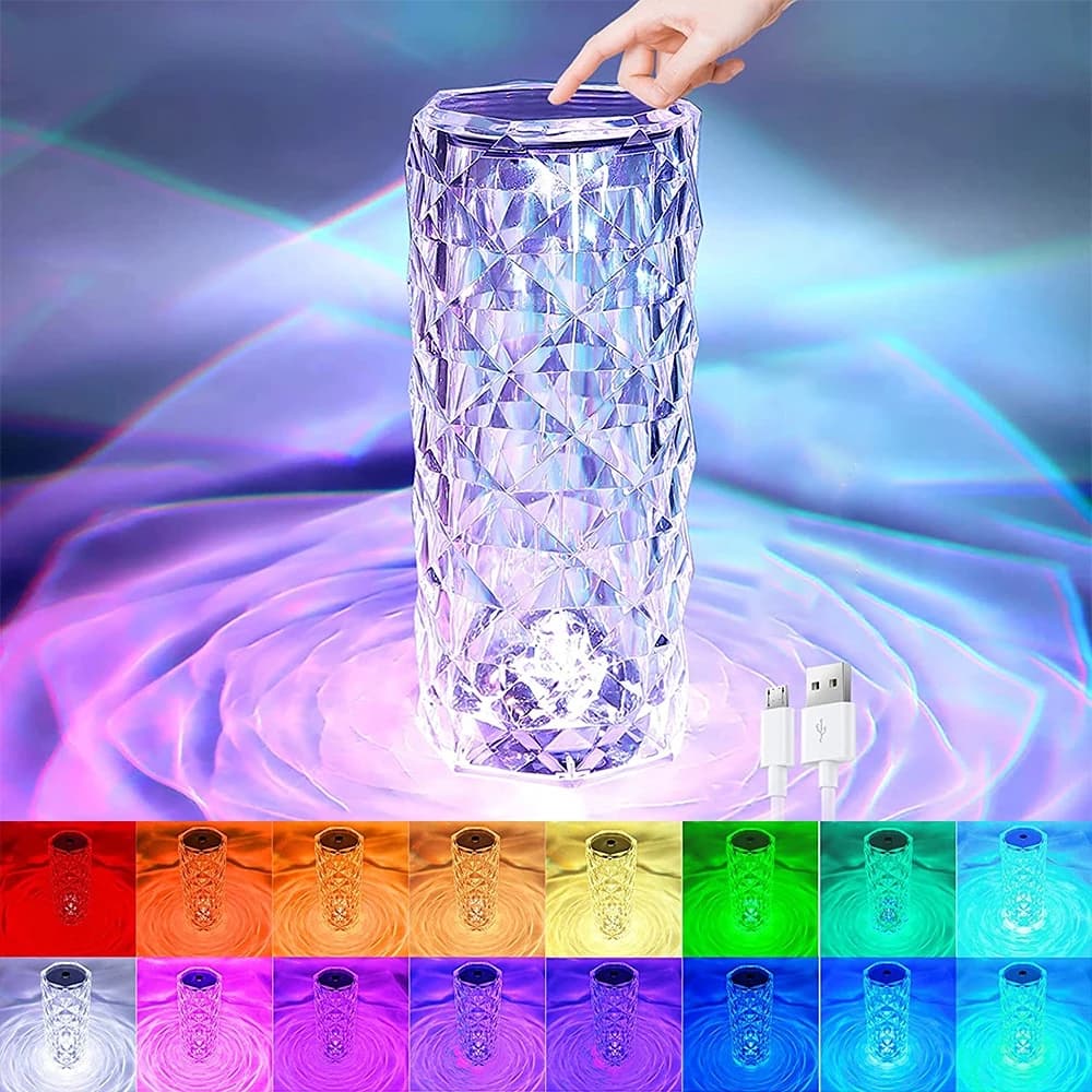 Lámpara de Cristal LED Rosa 16 Colores con Control Táctil