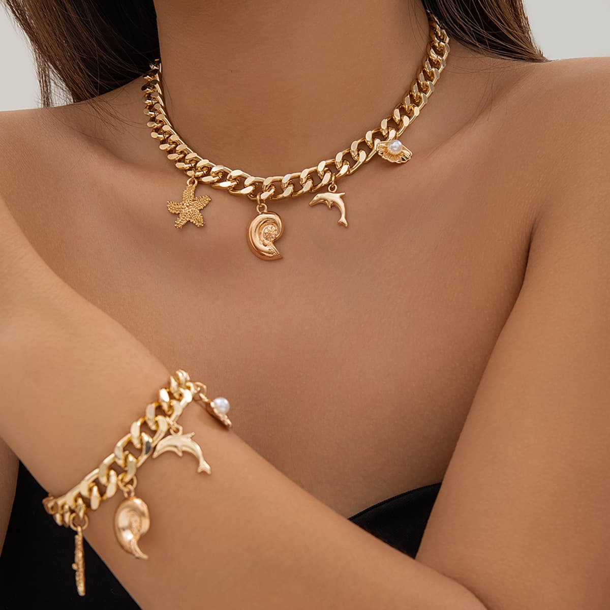 Collar y Pulsera Bohemia Concha Delfín Estrella de Mar