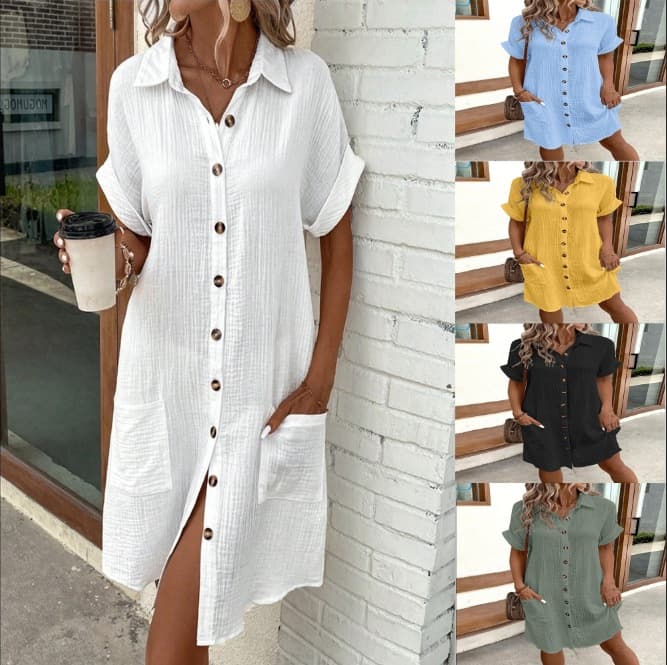 Vestido Camisero Corto Cuello Alto Básico Suelto