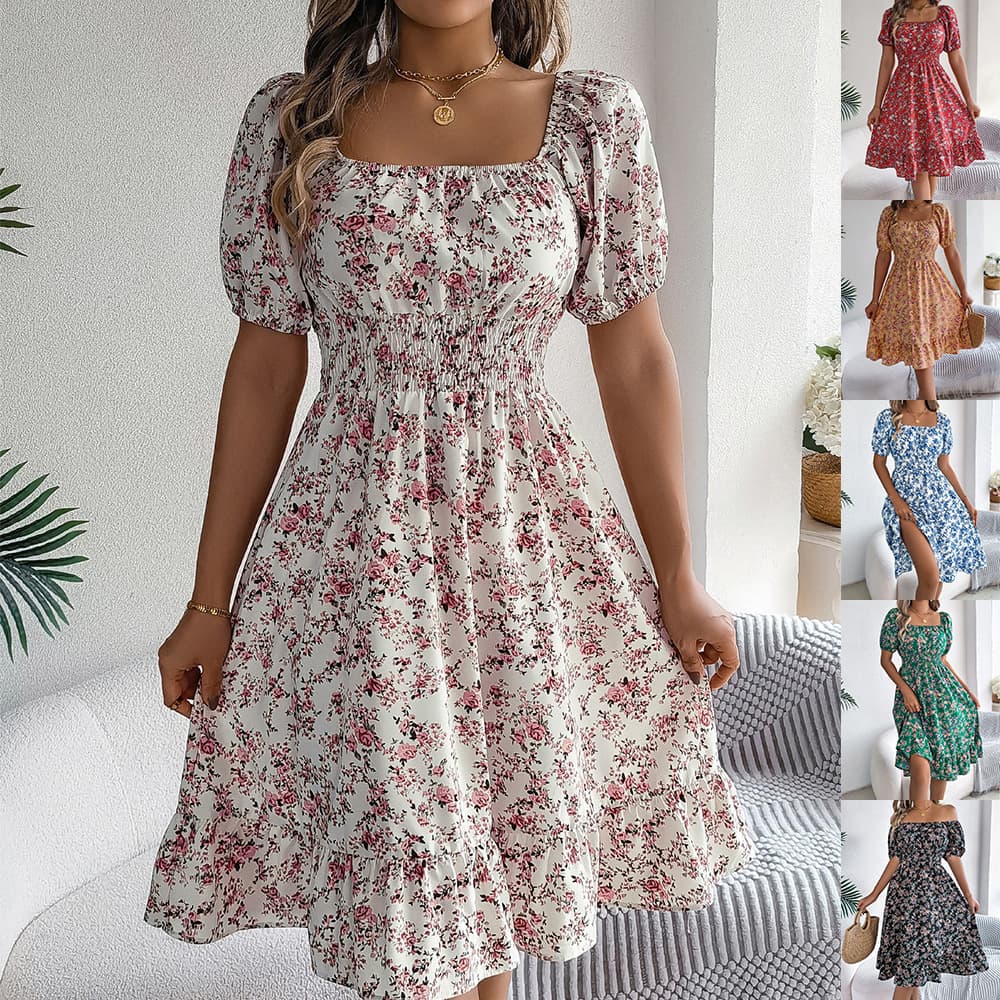 Vestido Estampado Floral con Cuello Cuadrado