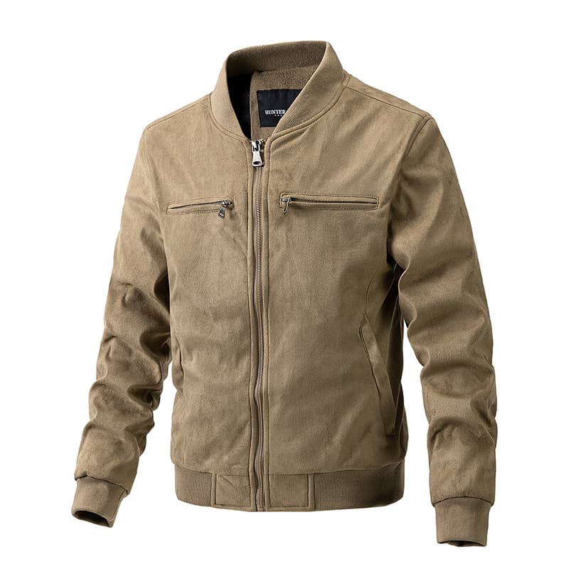 Chaqueta de Ante para Hombre con Cuello de Pie y Doble Cremallera