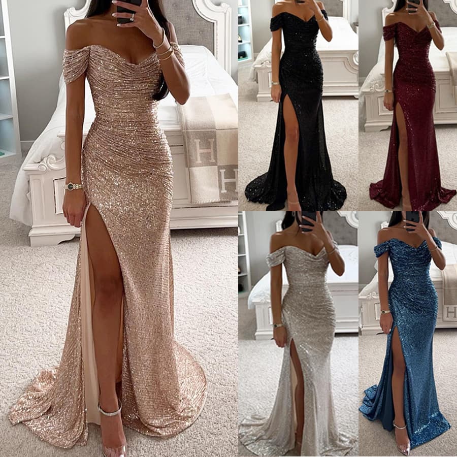 Vestido Lentejuelas Off-Shoulder Abertura Lateral