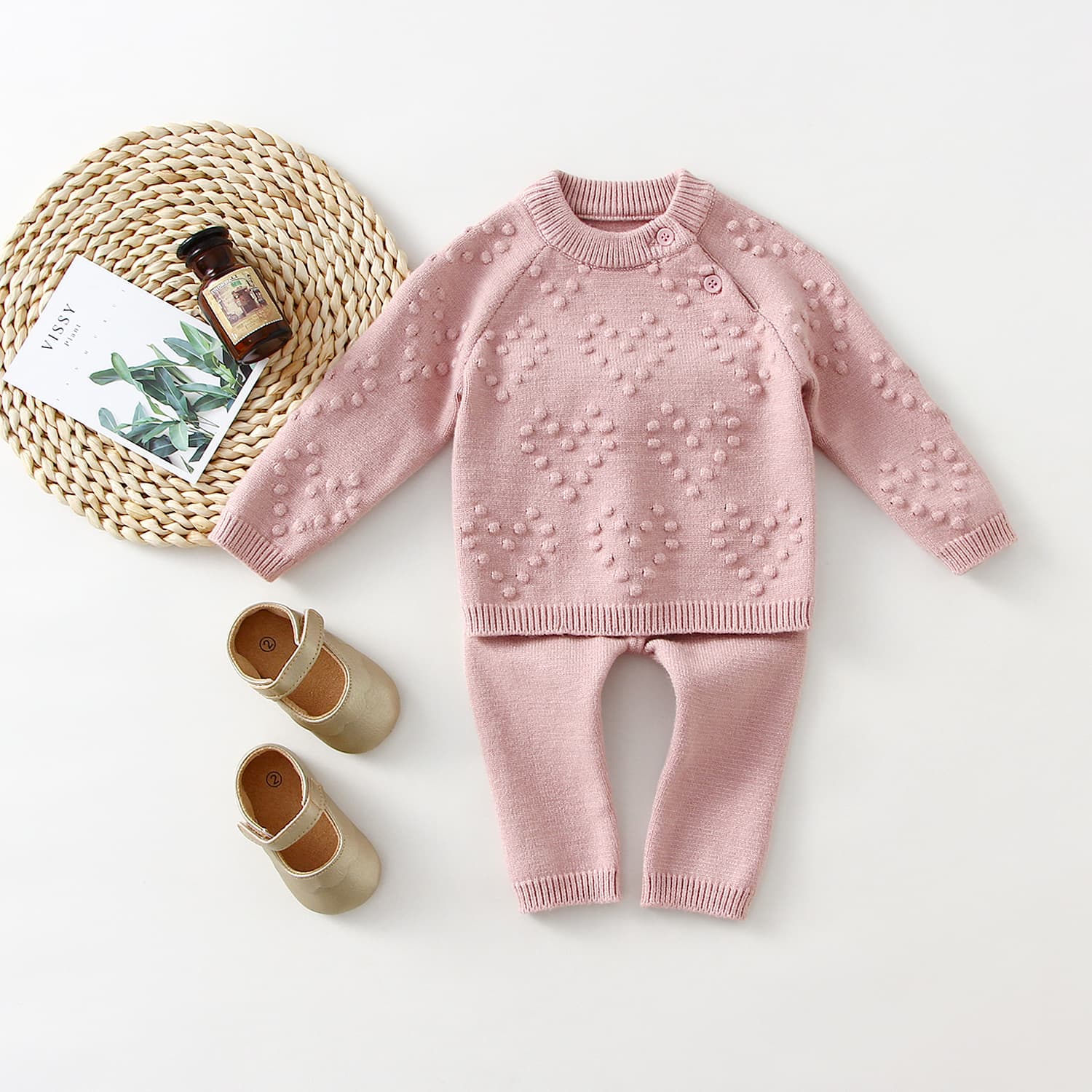 Conjunto de Suéter y Pantalón Tejido Infantil Color Sólido