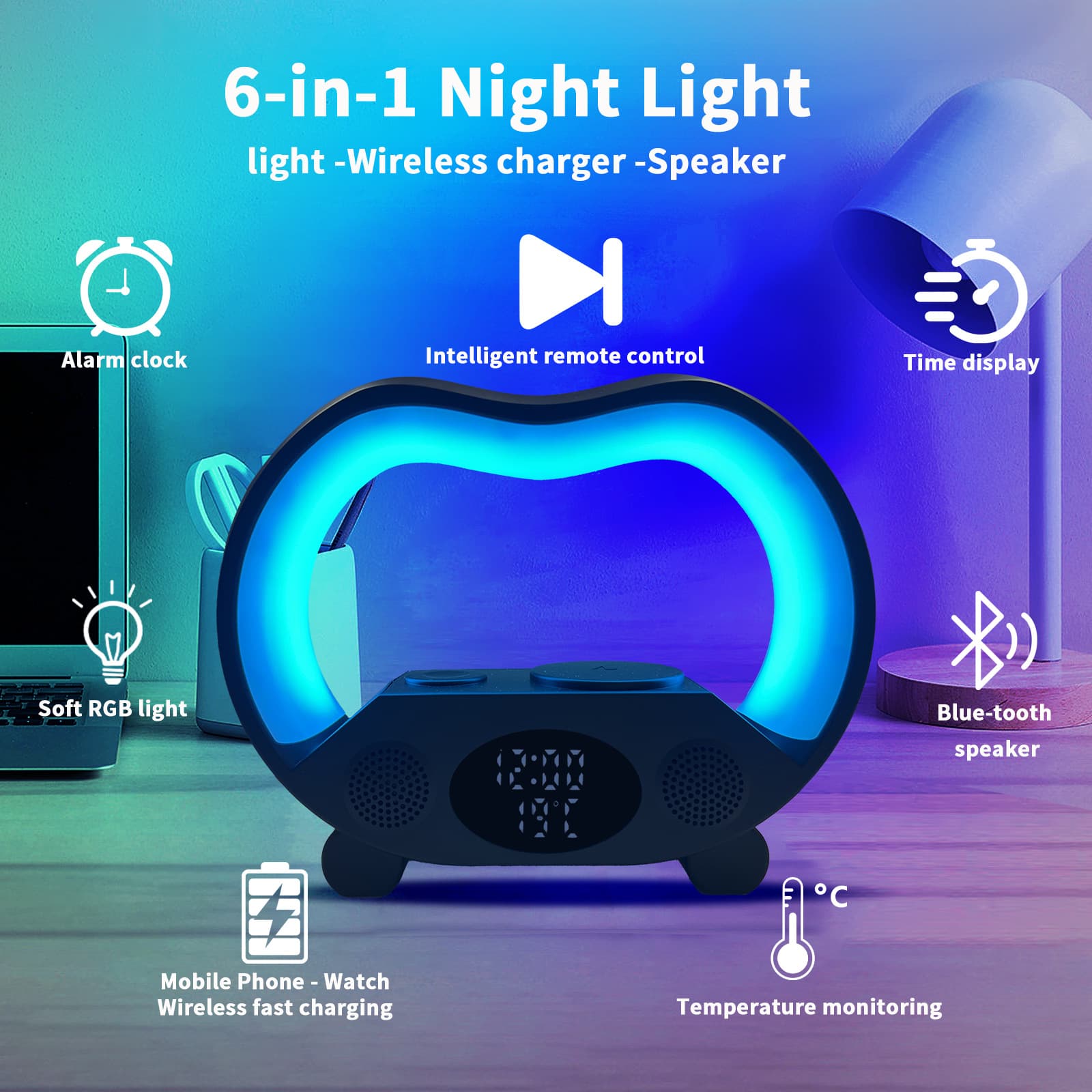 Lámpara LED Inteligente 6 en 1 con Cargador Inalámbrico y Altavoz