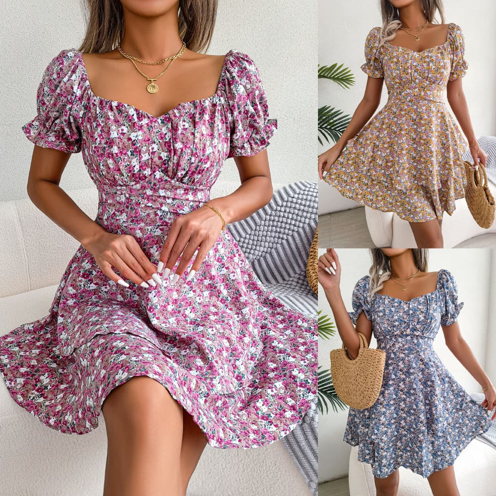 Vestido Corto Flores Mujer Cintura Alta Manga Corta Verano
