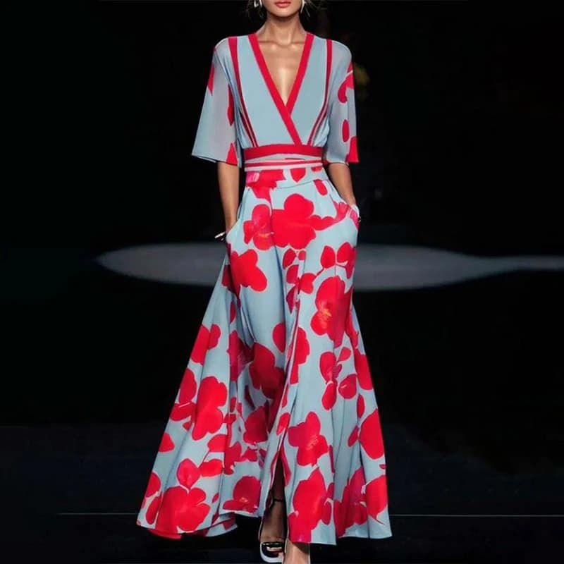 Vestido Largo Estampado Flores - Cuello V Verano