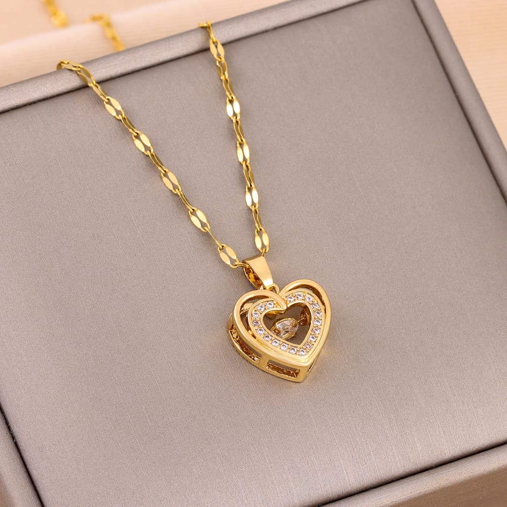 Collar Doble Corazón con Rhinestones Acero Titanio