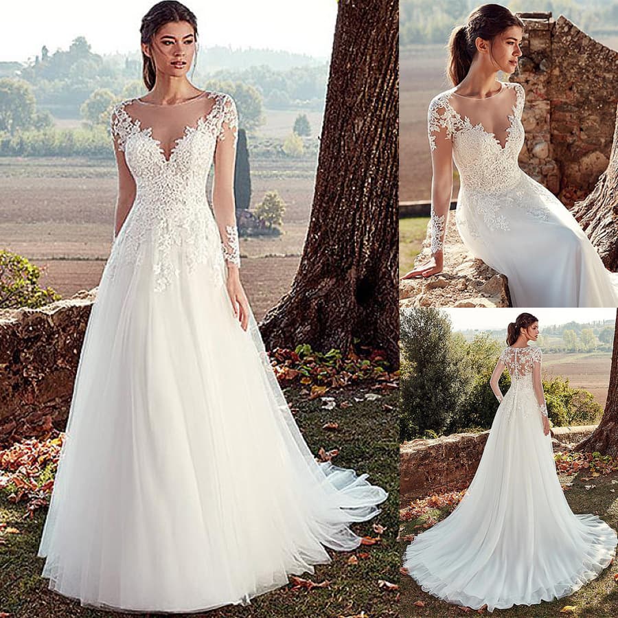 Vestido de Novia Largo con Cuello Alto y Encaje