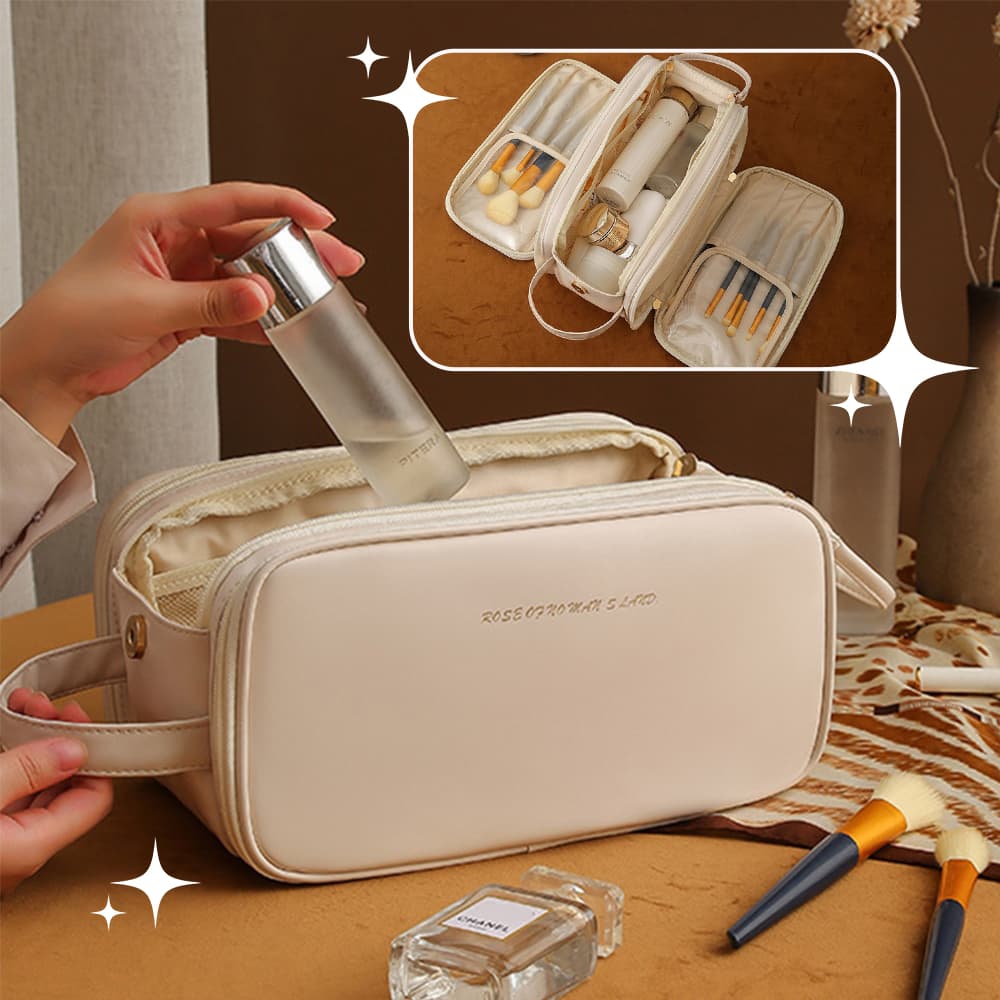 Bolsa de cosméticos de cuero PU con doble cremallera