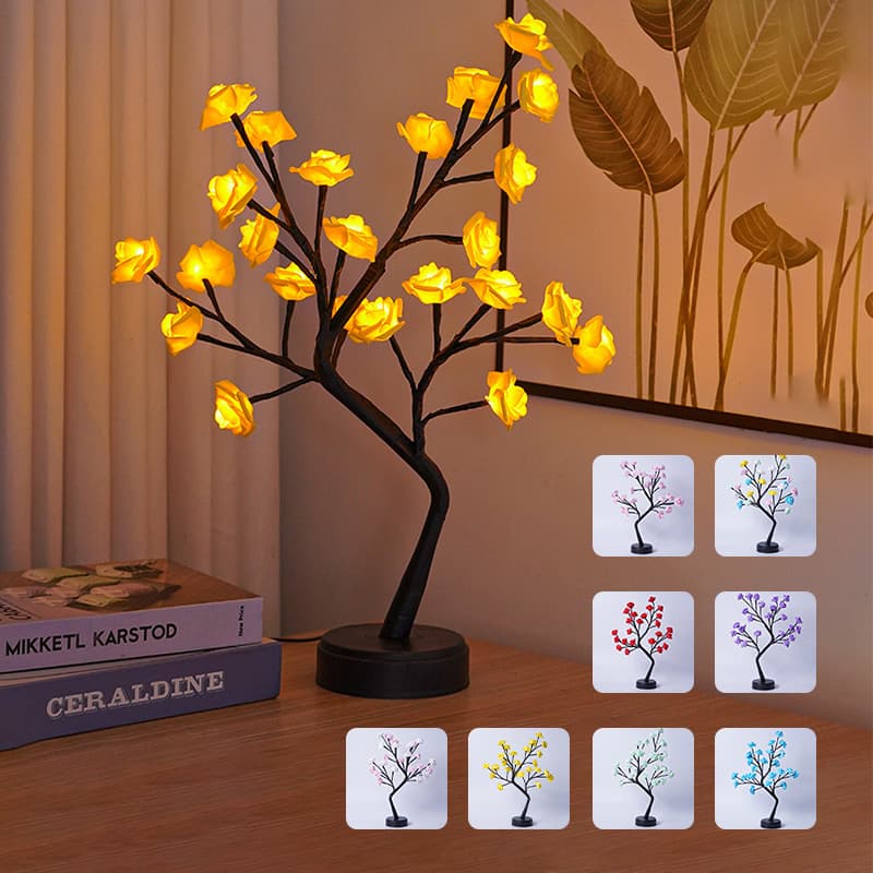 Lámpara de Mesa Árbol de Flores Rosa con Luz LED USB