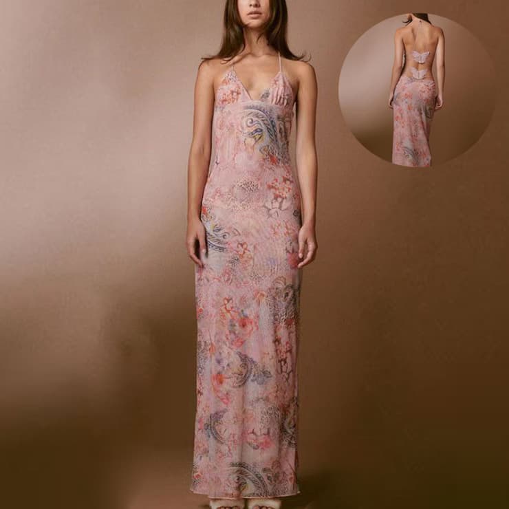 Vestido Halter Flores Mariposa Espalda