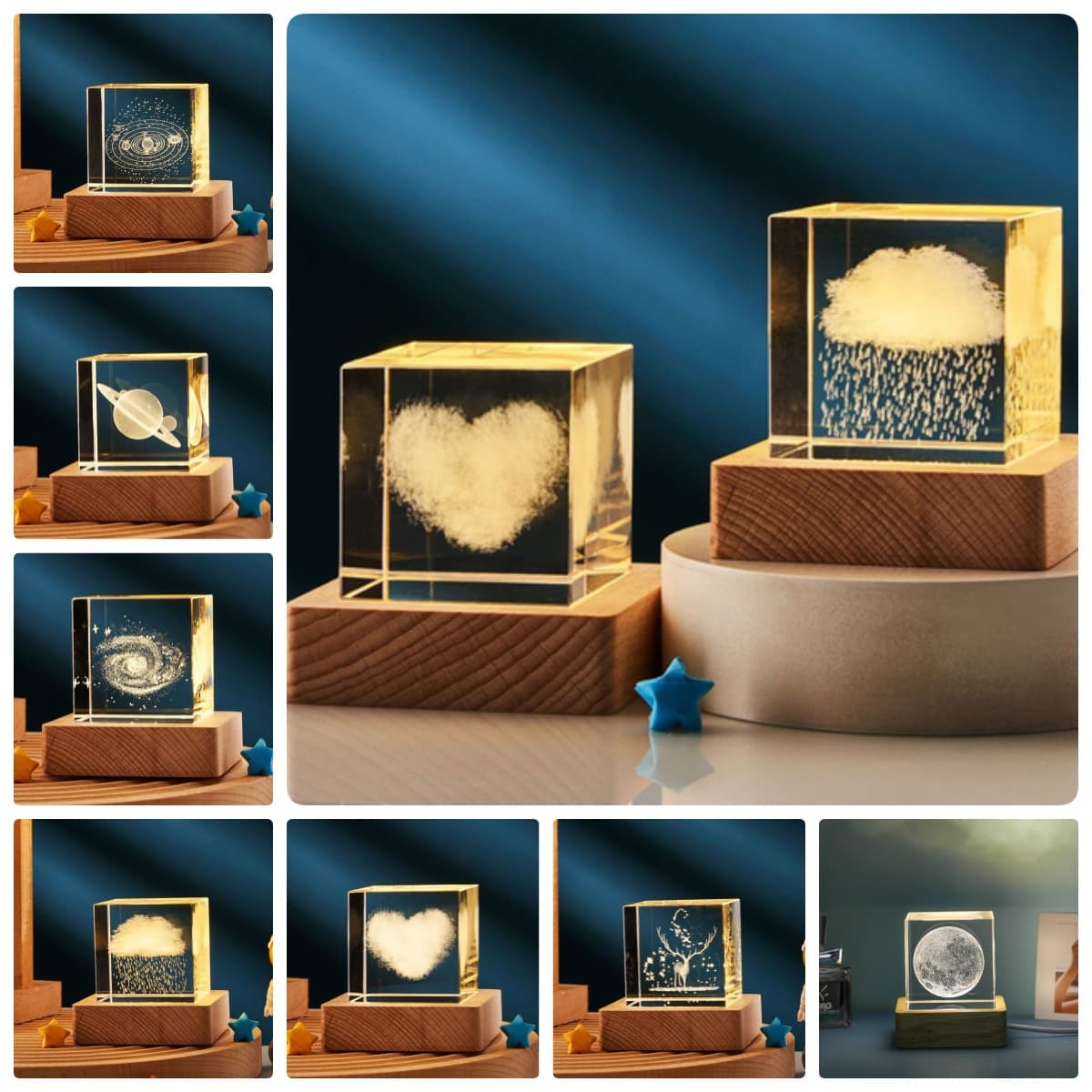 Lámpara Cubo de Cristal 3D Transparente Decorativa