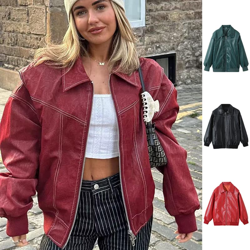 Chaqueta de Cuero Moto Mujer con Cremallera