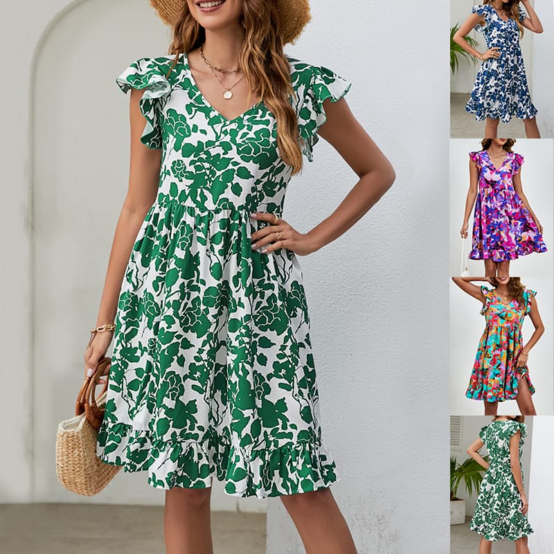 Vestido Estampado Hojas Cuello Pico Verano