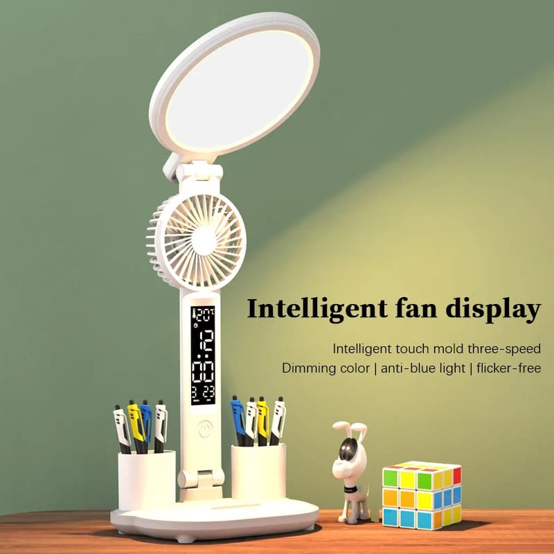 Lámpara de Escritorio LED con Reloj y Ventilador USB