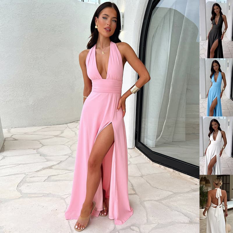 Vestido Halter Escotado con Abertura Verano