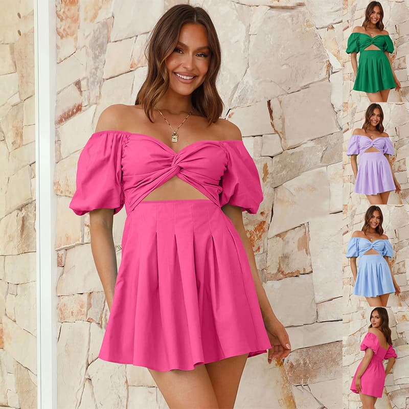 Vestido Plisado Hombros Descubiertos Manga Farol