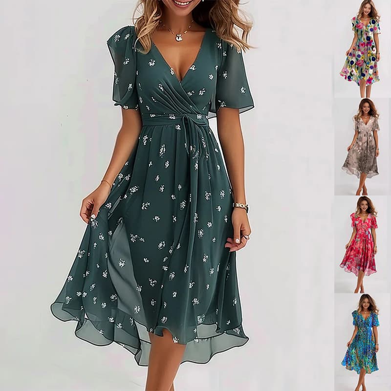 Vestido de Gasa Estampado Elegante Escote V
