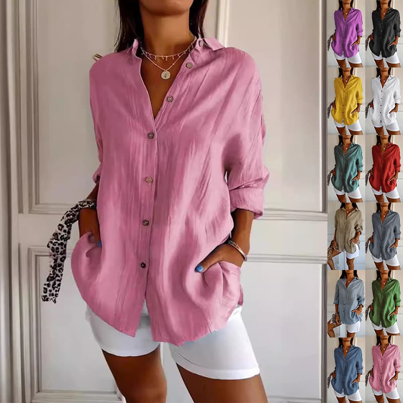 Camisa Larga de Mujer con Cuello Solapa y Pliegues