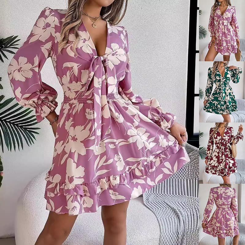 Vestido Corto Floral Estampado con Volantes y Lazo