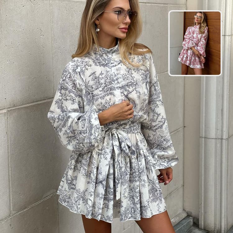 Vestido Corto Estampado Manga Larga con Cuello Solapa