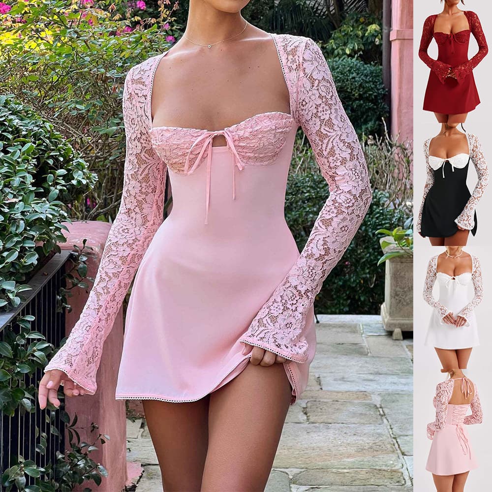 Vestido Corset Y2K Encaje Escotado Manga Larga