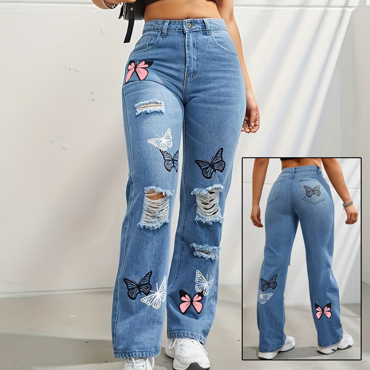 Vaqueros Rectos Cintura Alta con Estampado Mariposas para Mujer