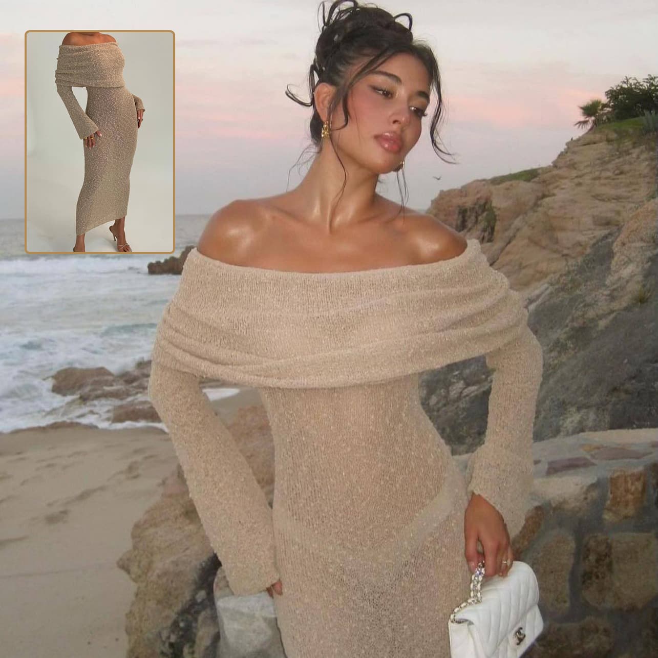 Vestido de punto de manga larga asimétrico