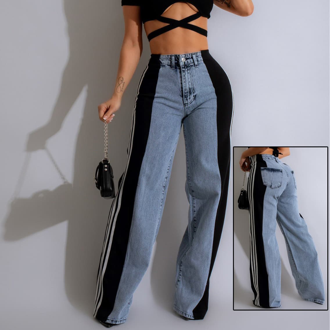 Pantalones Vaqueros Rectos Cintura Alta con Rayas Laterales