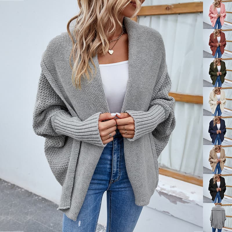 Cardigan de Punto Suelto Cuello Solapa y Mangas Murciélago