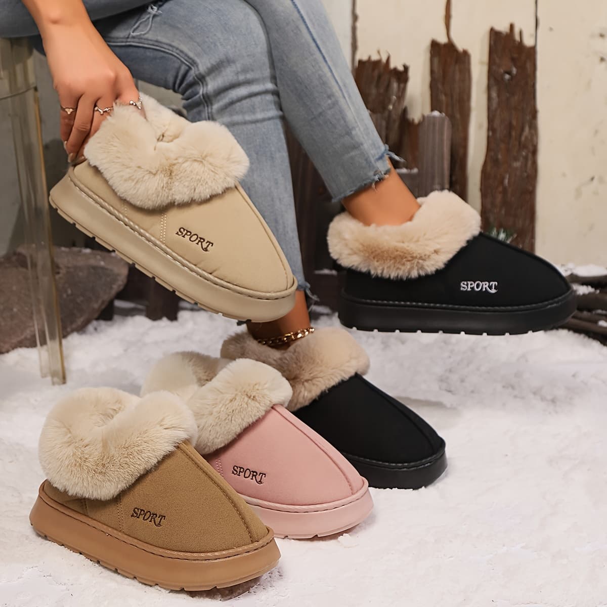 Zapatillas de casa de felpa suave para mujer con forro de piel sintética