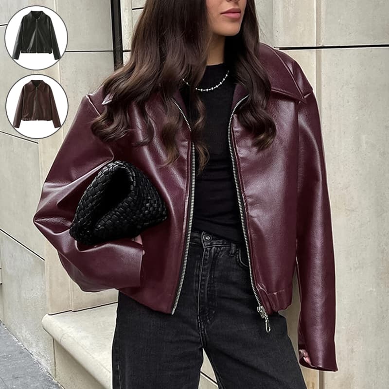 Chaqueta de cuero casual con cremallera para mujer