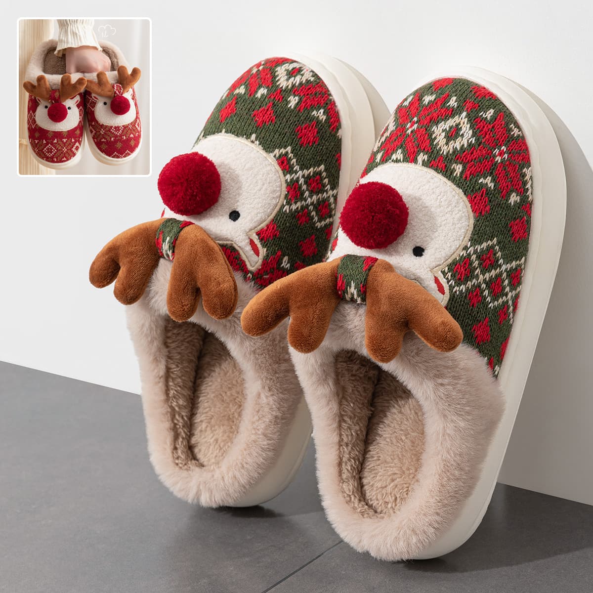 Pantuflas Peluche Reno Navidad Antideslizantes