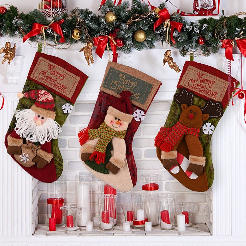 Calcetín Navideño Decorativo Muñeco de Nieve, Papá Noel y Reno