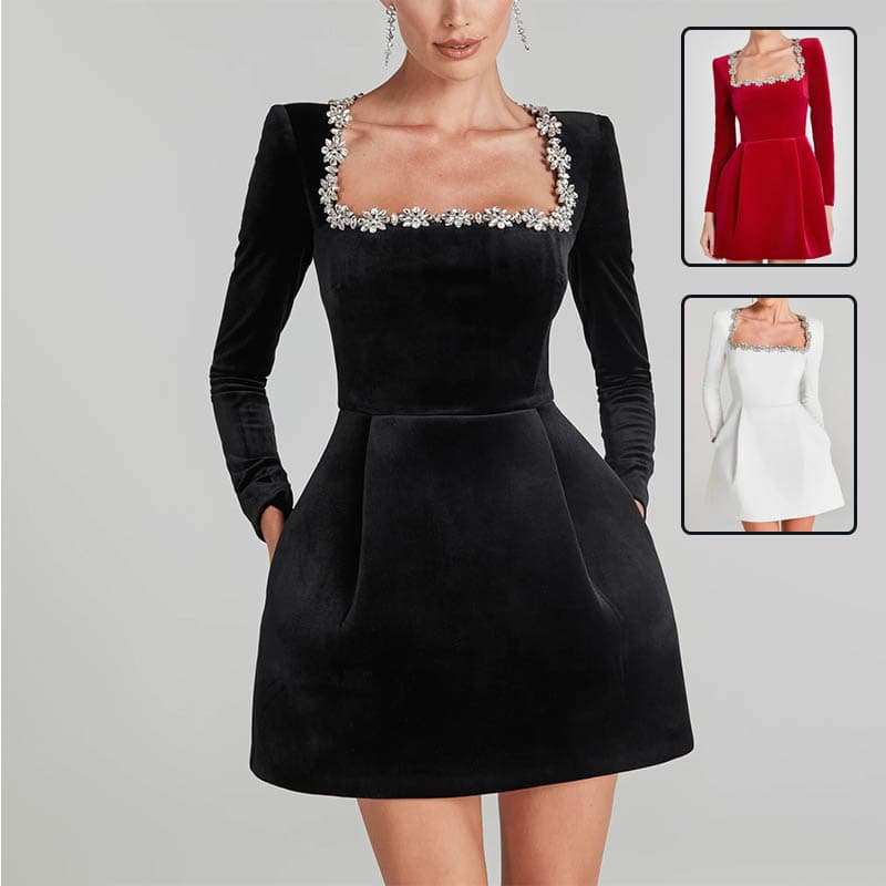 Vestido Elegante Navideño con Cuello Cuadrado y Flores