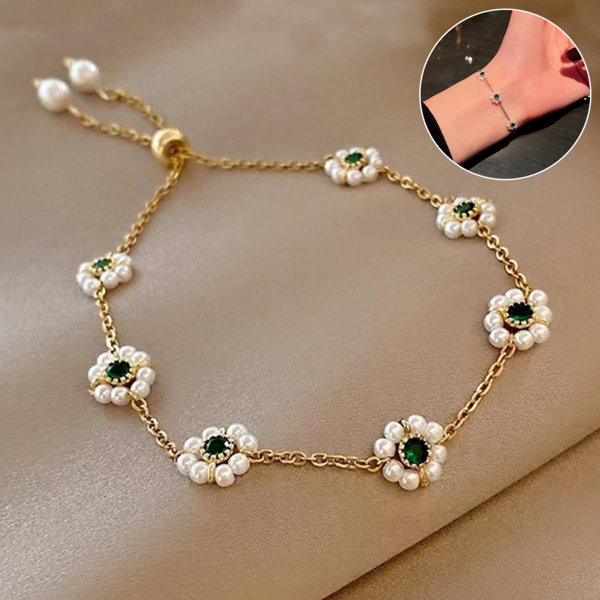 Pulsera de Flores con Perlas Ajustable