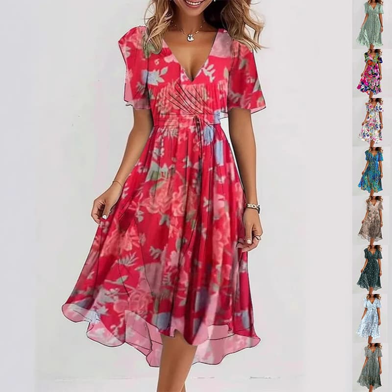 Vestido Floral Cuello V Corto de Verano