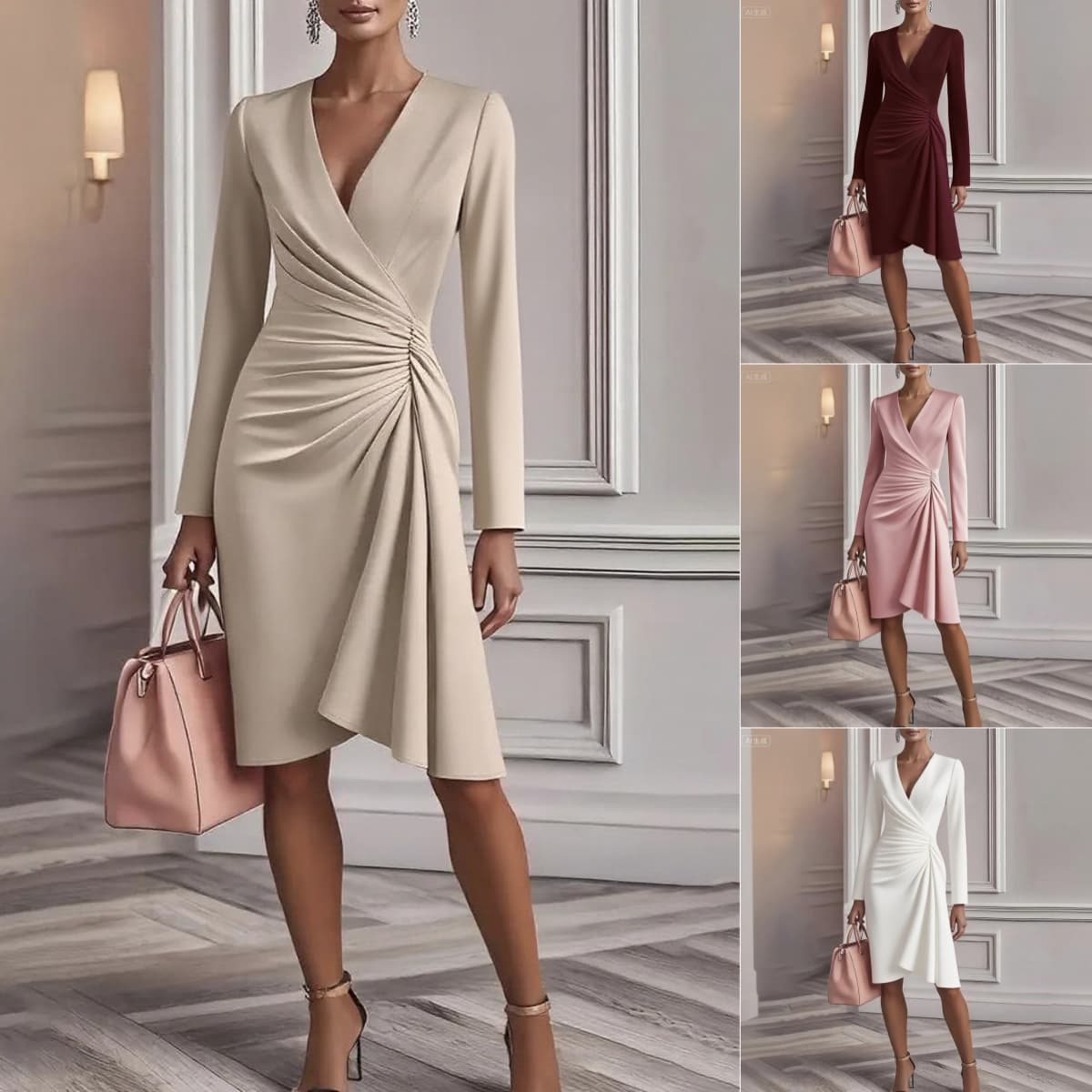 Vestido Midi Plisado con Cuello V para Mujer
