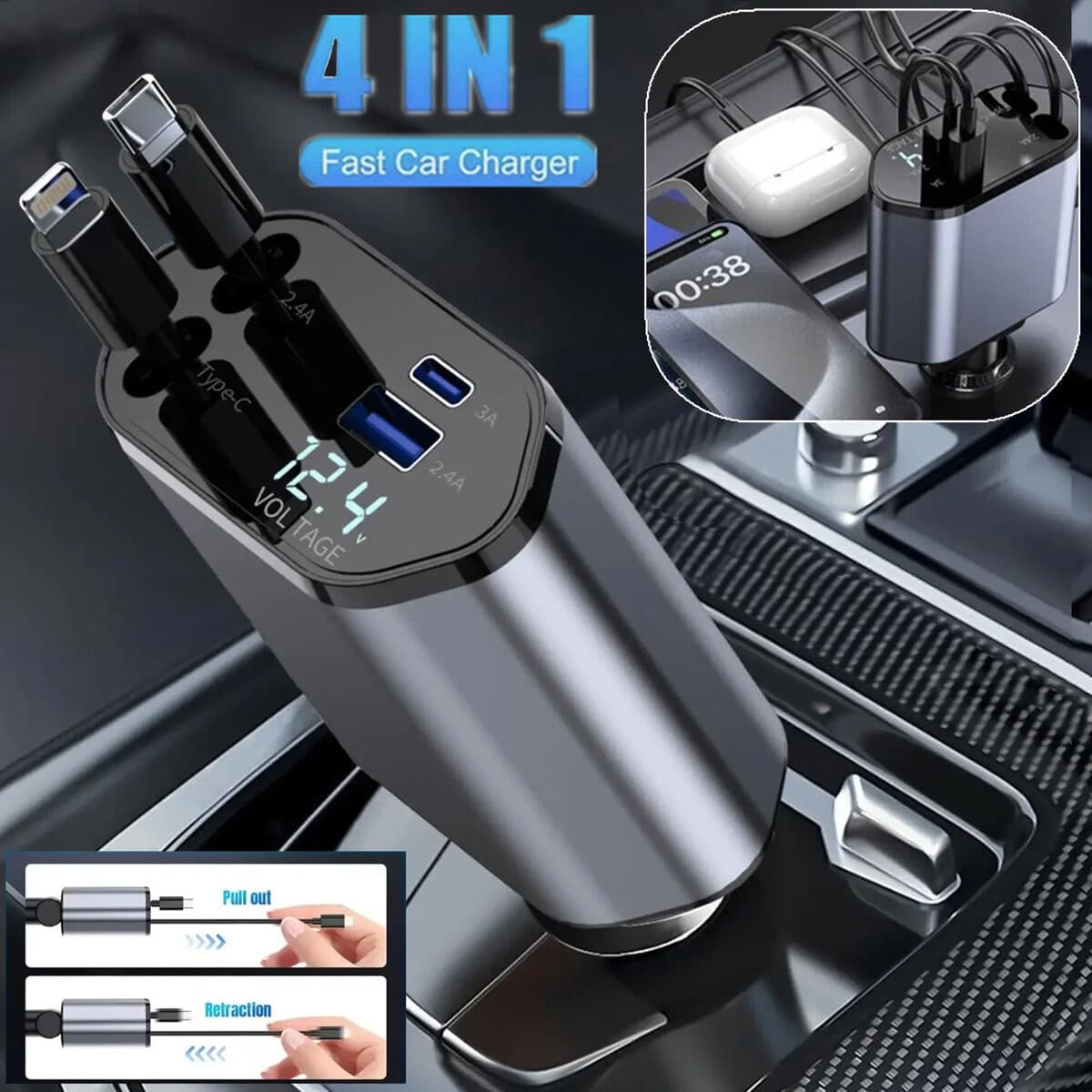 Cargador de Coche Retráctil 4 en 1 120W con Cable USB Tipo C