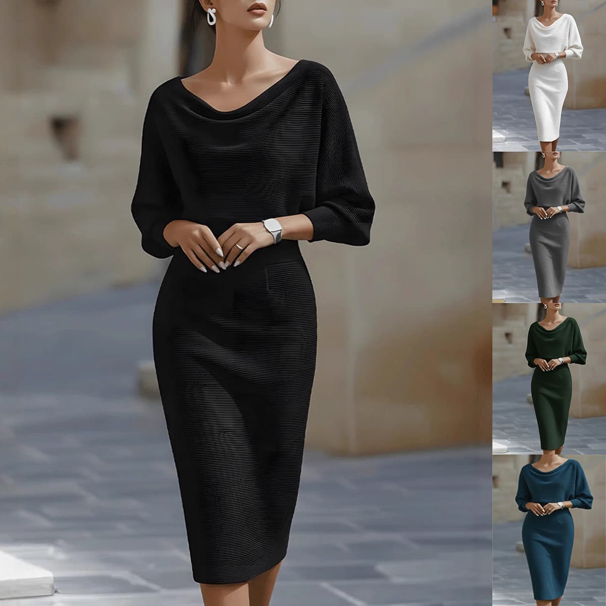Vestido Midi Plisado con Mangas Murciélago